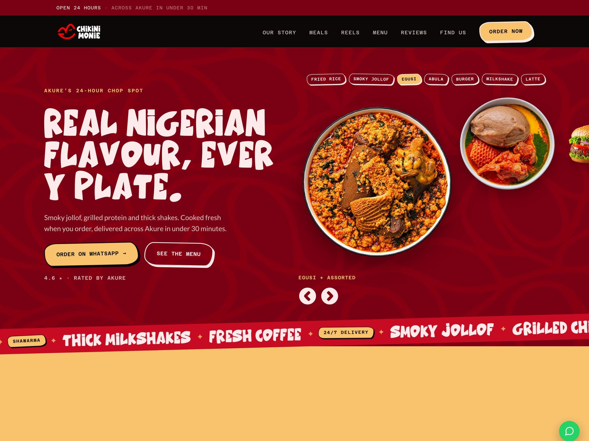Chikini Monie — 24/7 food brand site with menu, reels and WhatsApp ordering