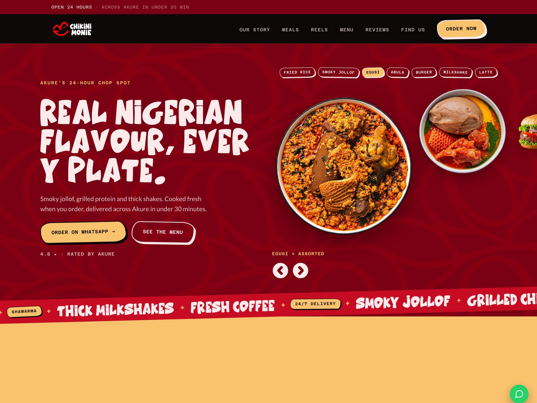 Chikini Monie — 24/7 food brand site with menu, reels and WhatsApp ordering